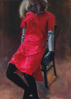 Modellpuppe im roten Kleid, 1994, Mischtechnik auf Hartfaser, 150 x 110 cm