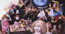 Puppen, Masken,, Lebensspiele, 2007, Mischtechnik auf Hartfaser, 1,60 x 3,20 m