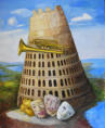 Turmbau zu Babel, 2021, Mischtechnik auf Hartfaser, 120 x 100 cm